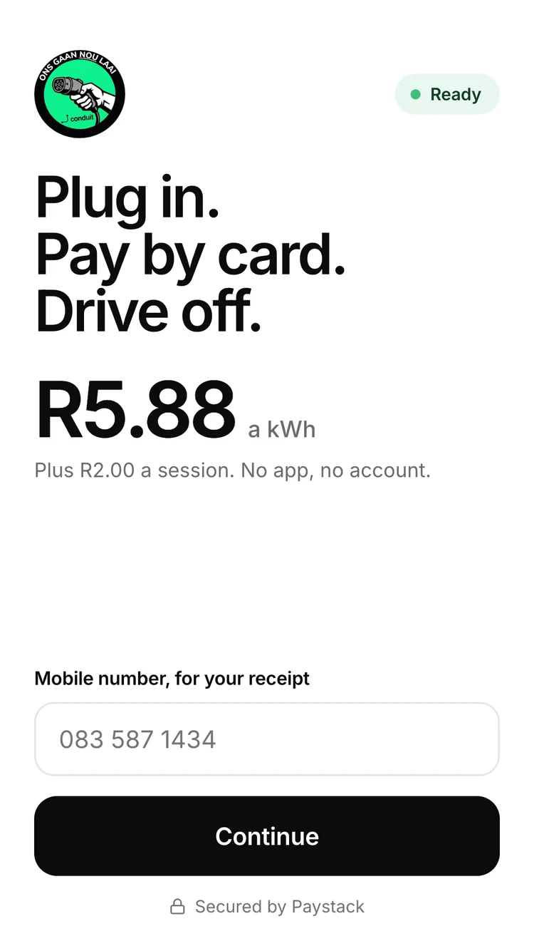 First screen: the price for each kWh, and a field for a mobile number